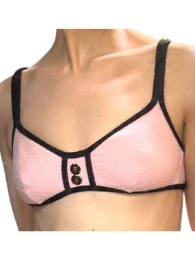 Vtg LA BLANCA Pink Boucle TerryCloth Swim Bikini Top Black Trim sz 8 ( XS S M )